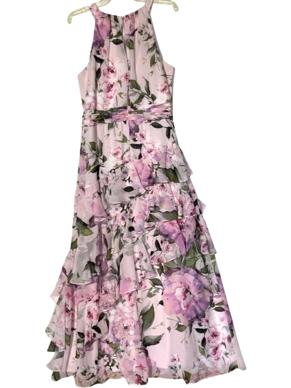 New Xscape Floral Pink Chiffon Halter Ruffled Prom Party Gown Maxi Dress - Picture 4 of 12